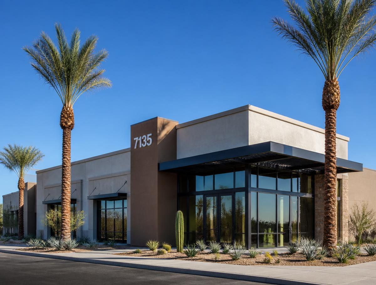 Modern Arizona commercial building with stucco exterior and glass storefront