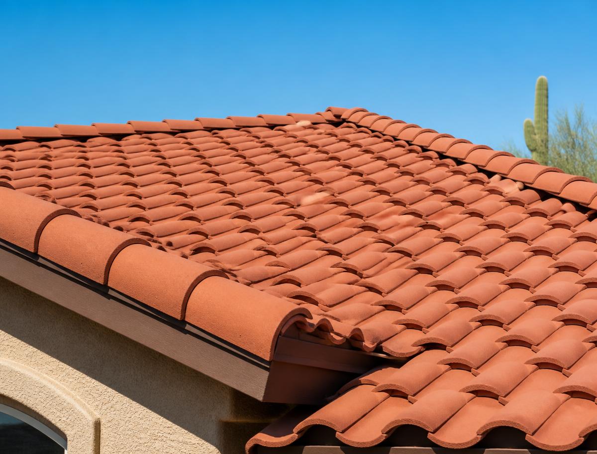 New clay tile roof installed on an Arizona home against a clear blue sky
