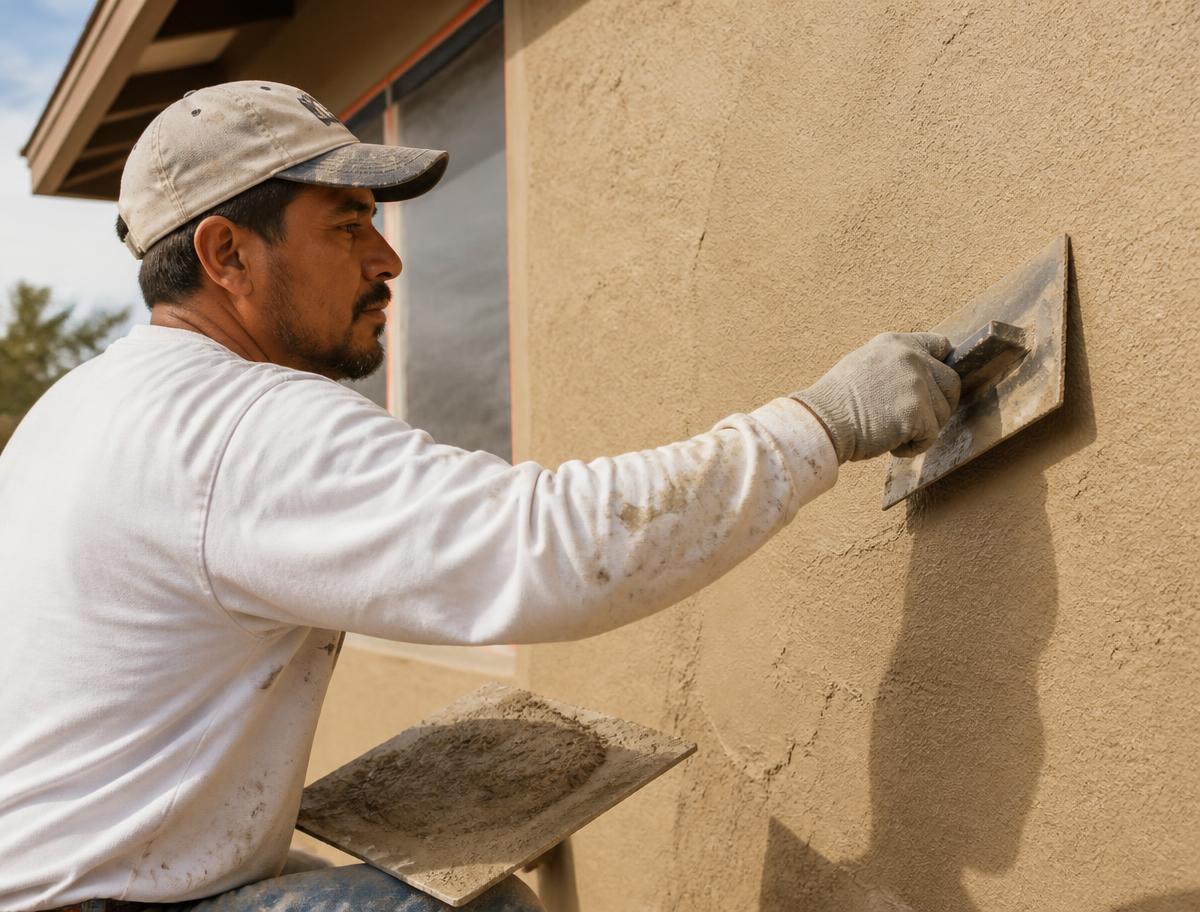 Craftsman troweling a fresh stucco finish onto an exterior wall